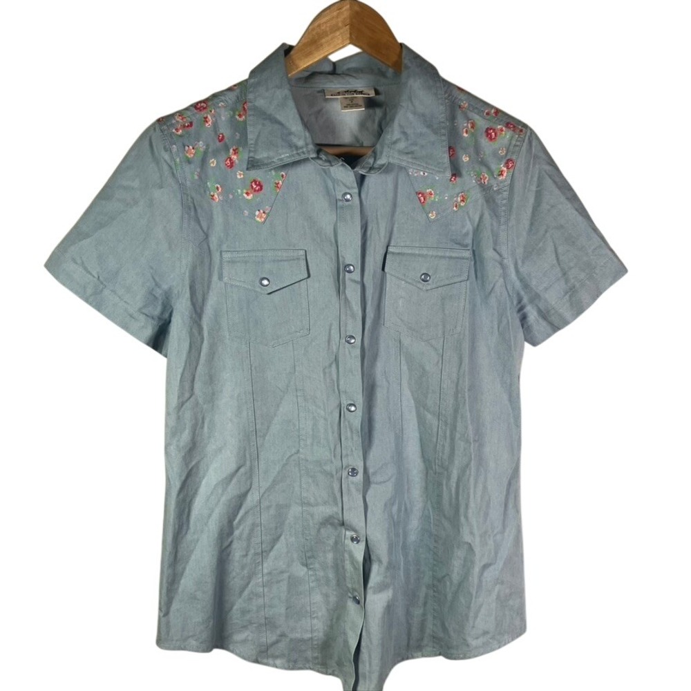 Back‎ in the Saddle Floral Embroidered Western Shirt Short Sleeve Blue M